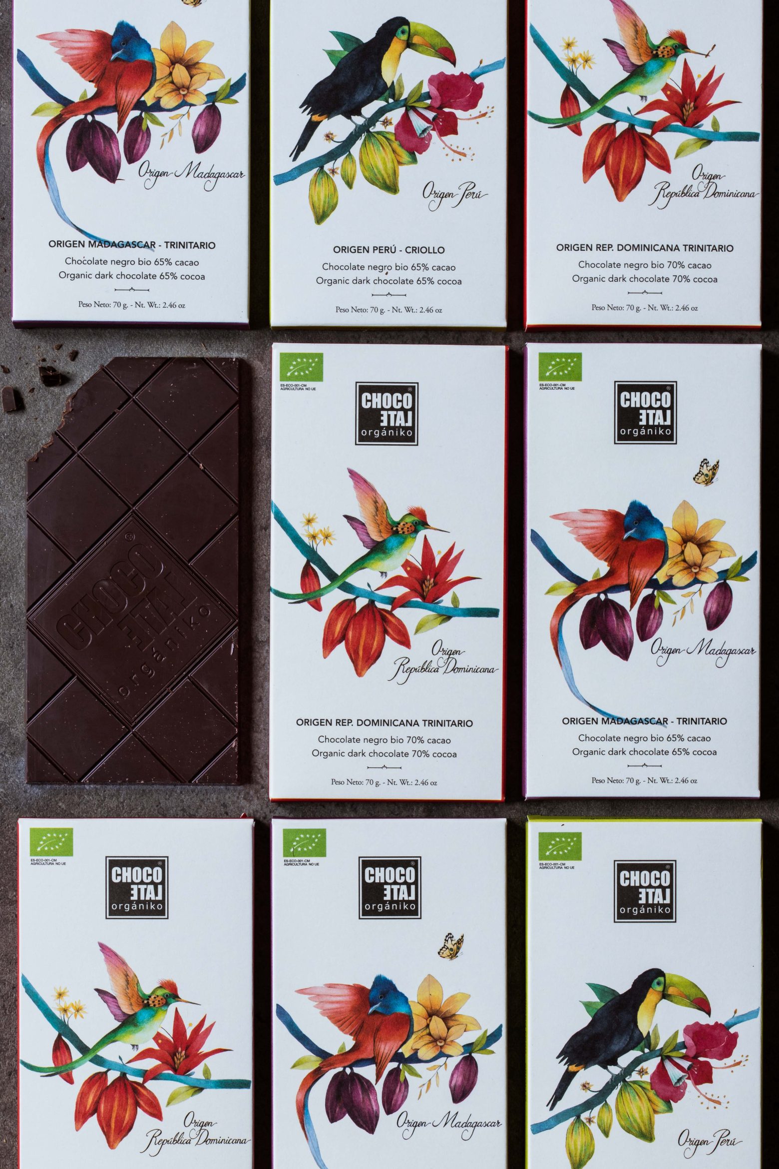 Tablettes de chocolat noir bio grands crus d'origine Pérou, Madagascar, République Dominicaine par Chokolate Organik.