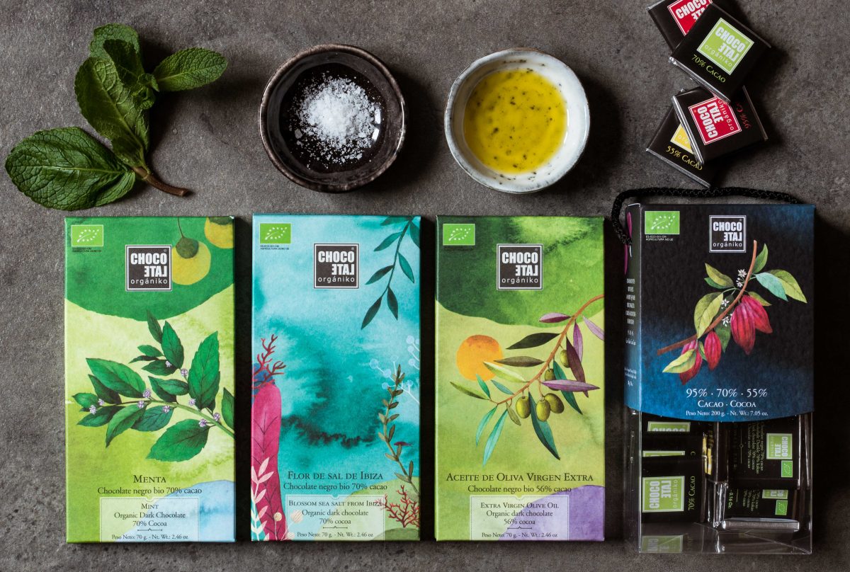 Chocolats noirs bio Chokolate Organik : menthe, fleur de sel d’Ibiza et huile d’olive extra vierge.