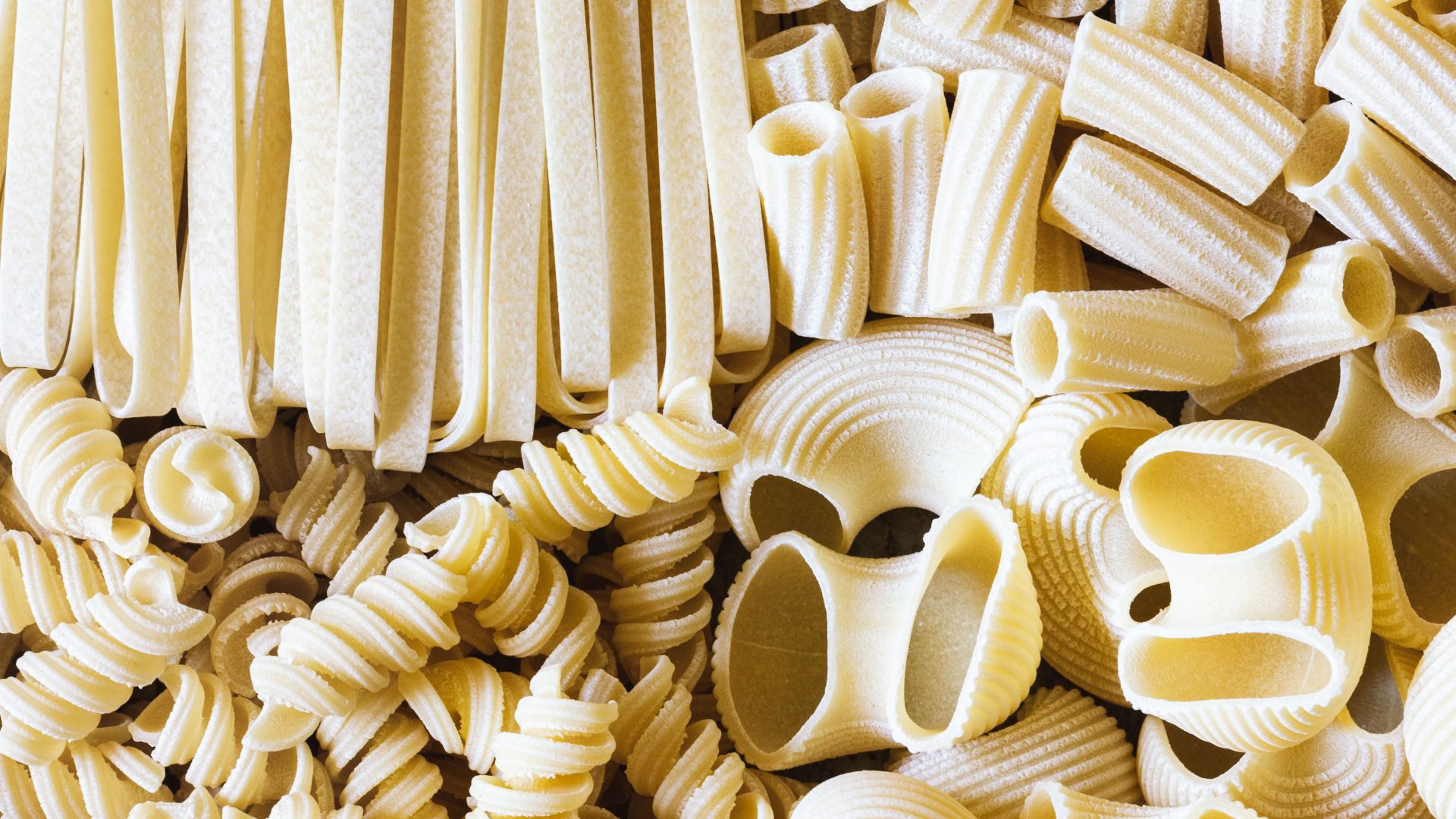 Variétés de pâtes artisanales Sandro Desii : rigatoni, lumaconi et tagliatelles.