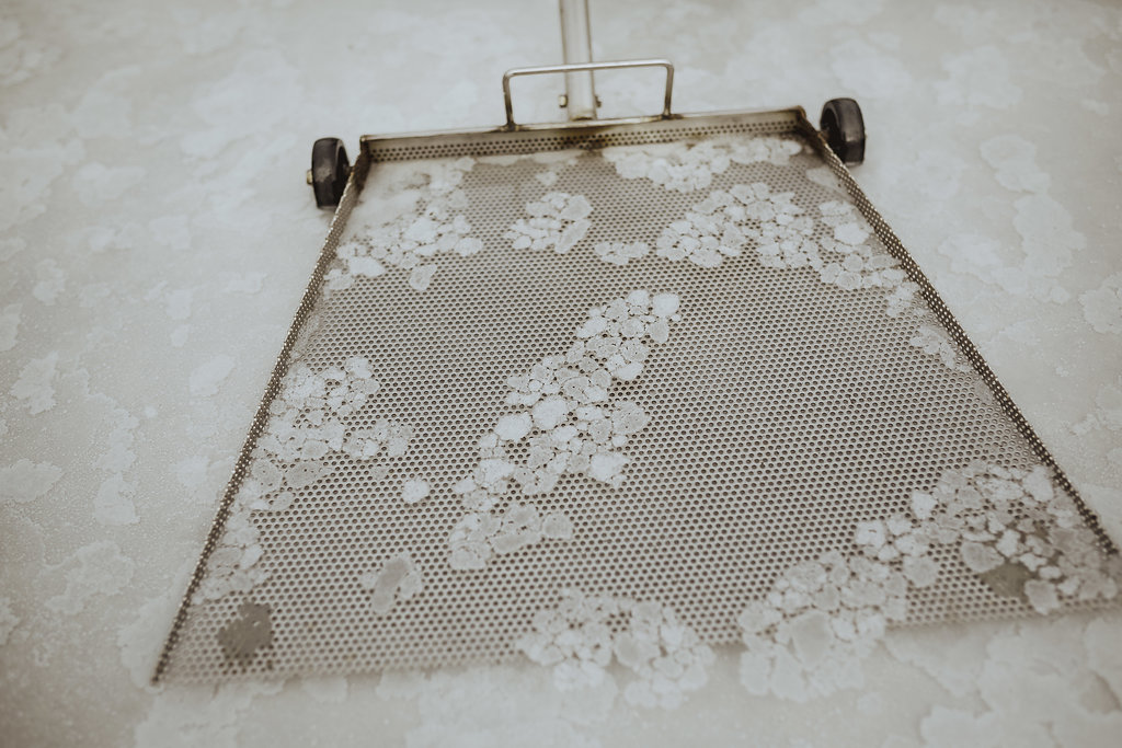 Cristaux de sel en cours de séchage sur une grille artisanale, Navarre.