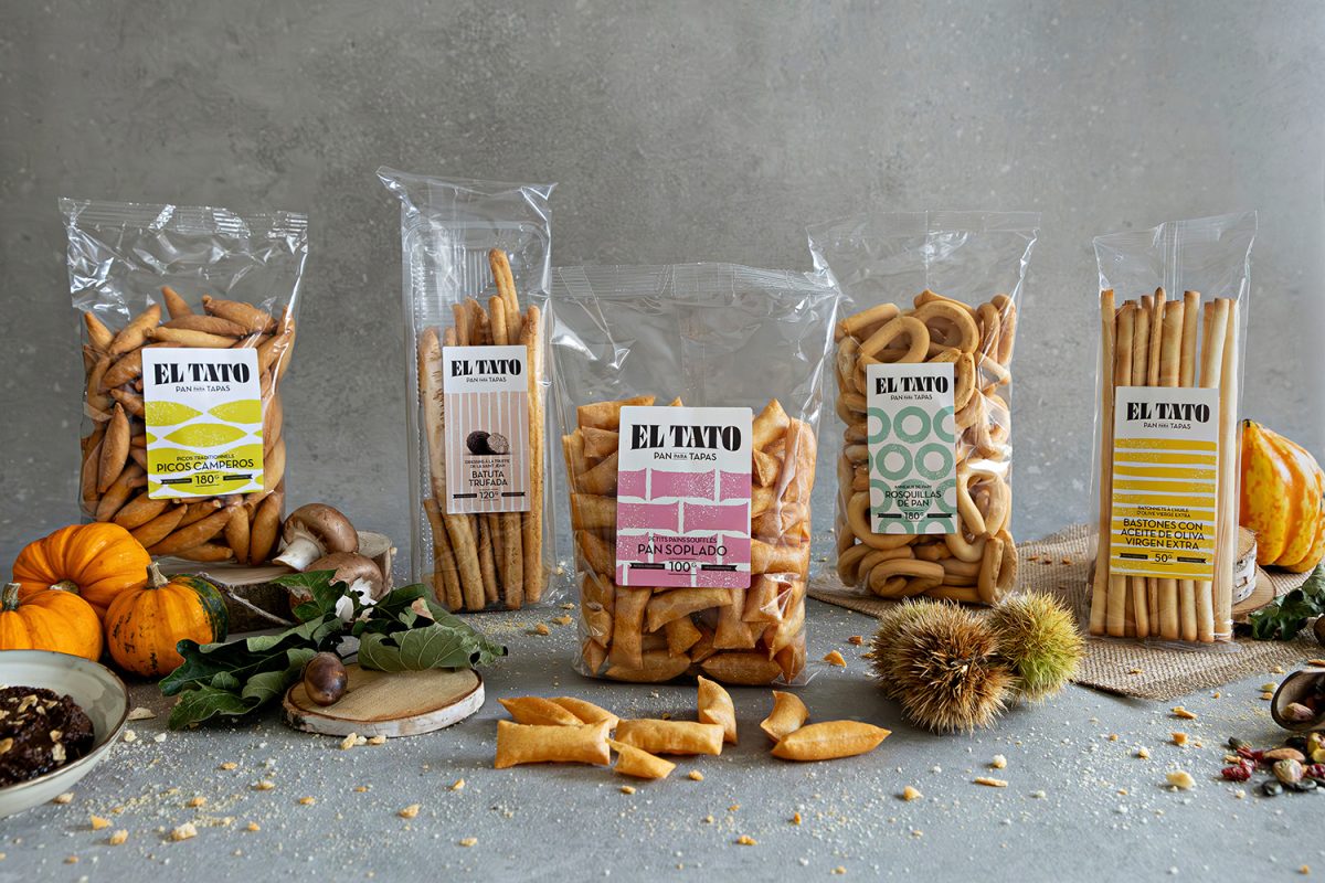 Gamme complète des spécialités El Tato : gressins, picos camperos, pain soufflé et rosquillas artisanales.