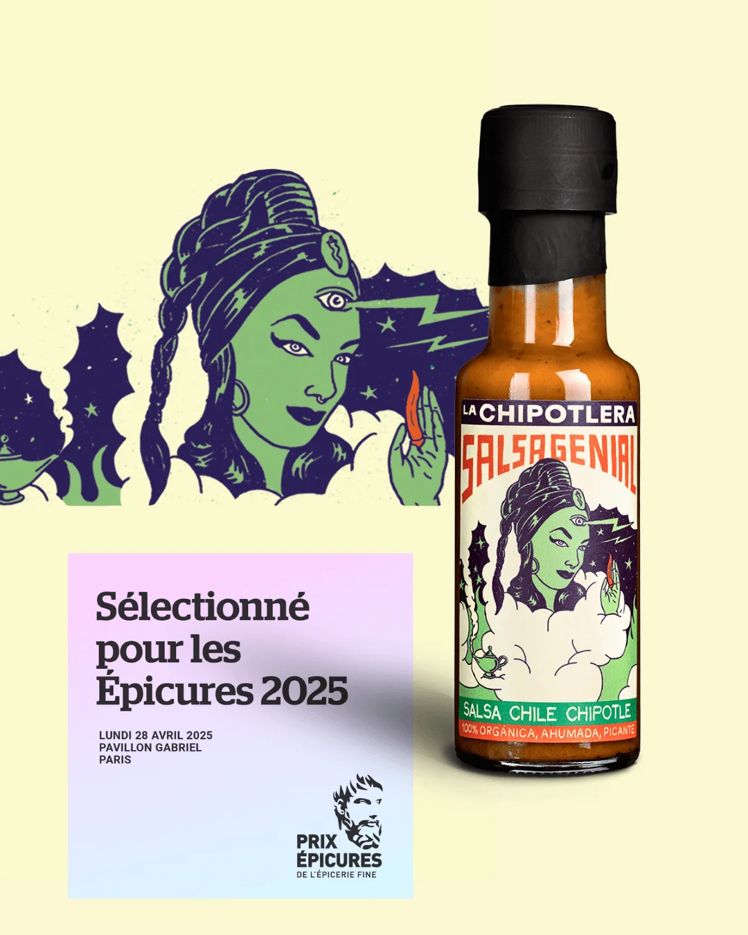 Bouteille de Salsa Genial de La Chipotlera, fond graphique rétro