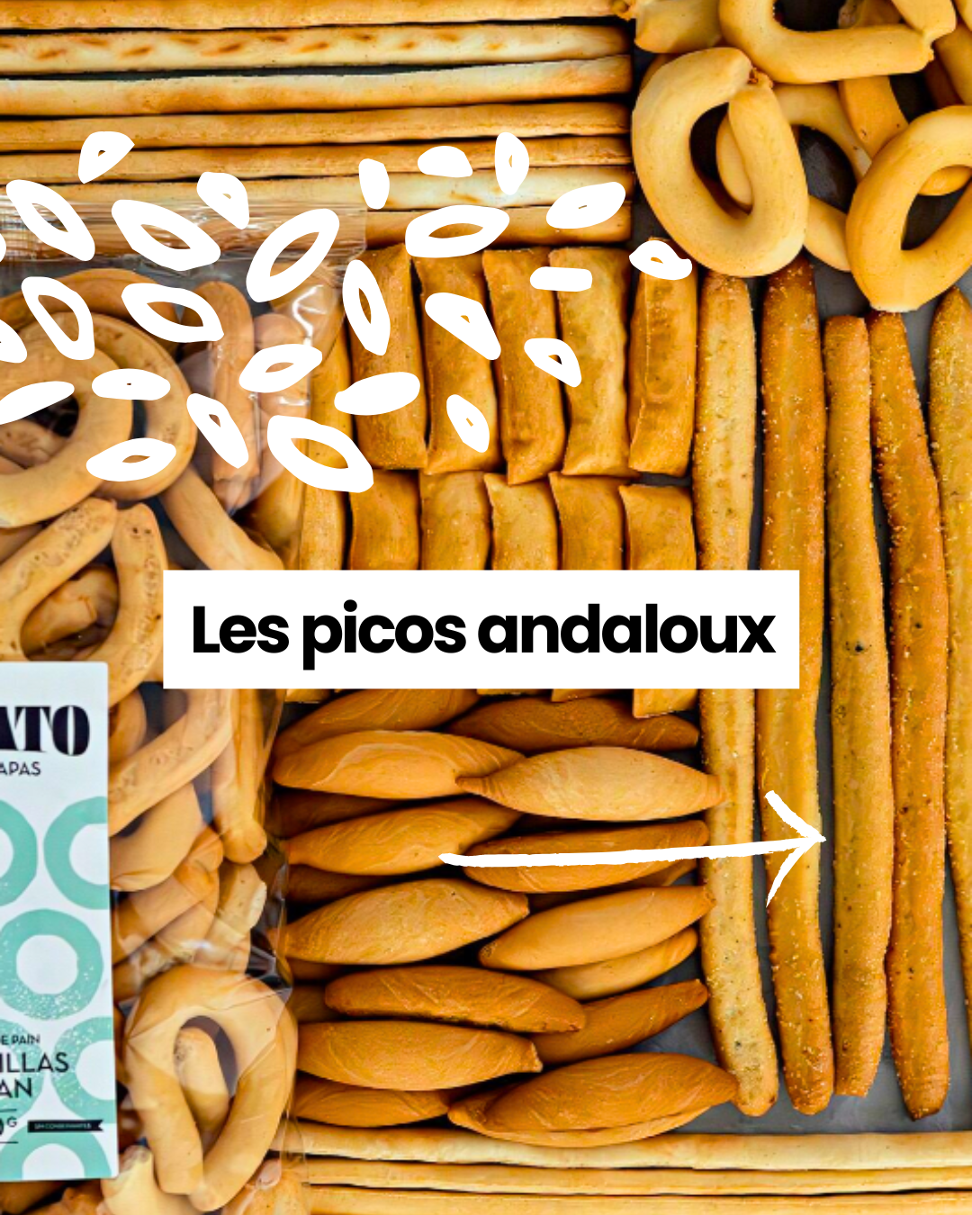 Variété de picos El Tato : bâtonnets, ovales, rosquillas et gressins