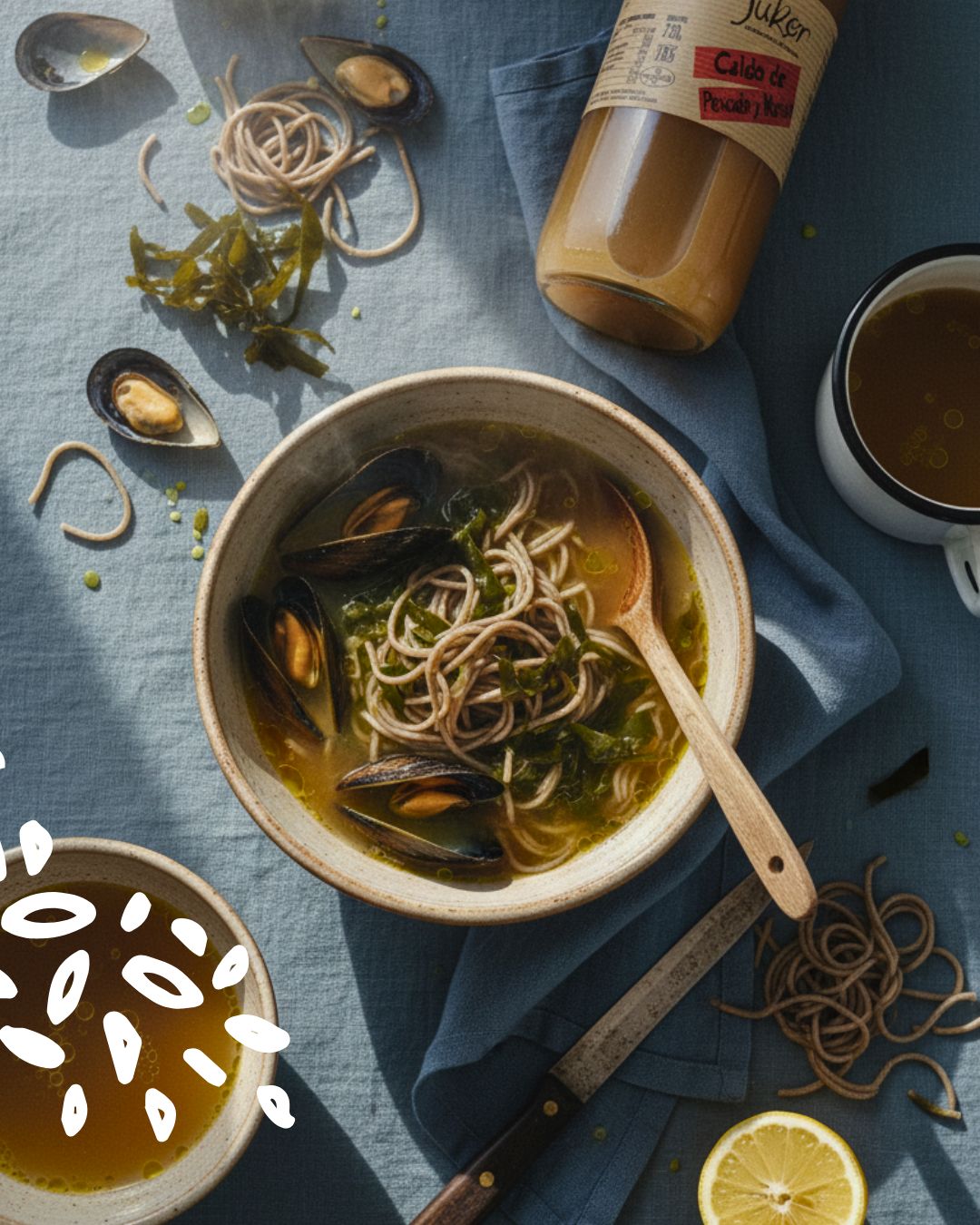 Bol de nouilles soba aux moules avec bouillon Juker