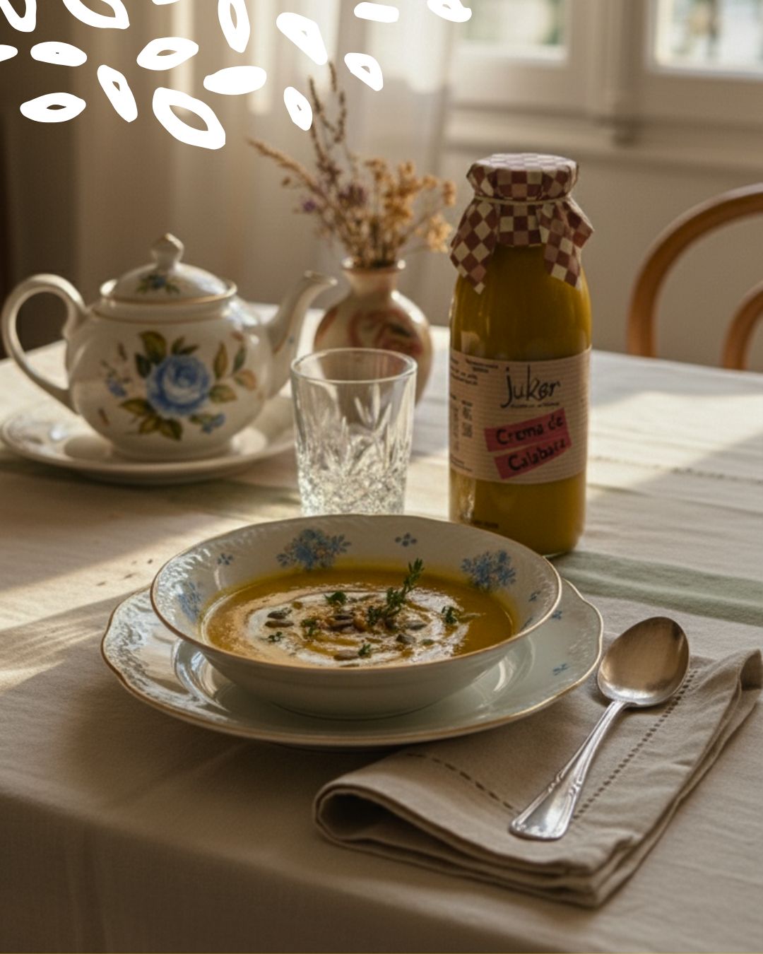 Bol de crème de potiron Juker avec bouteille sur table rustique