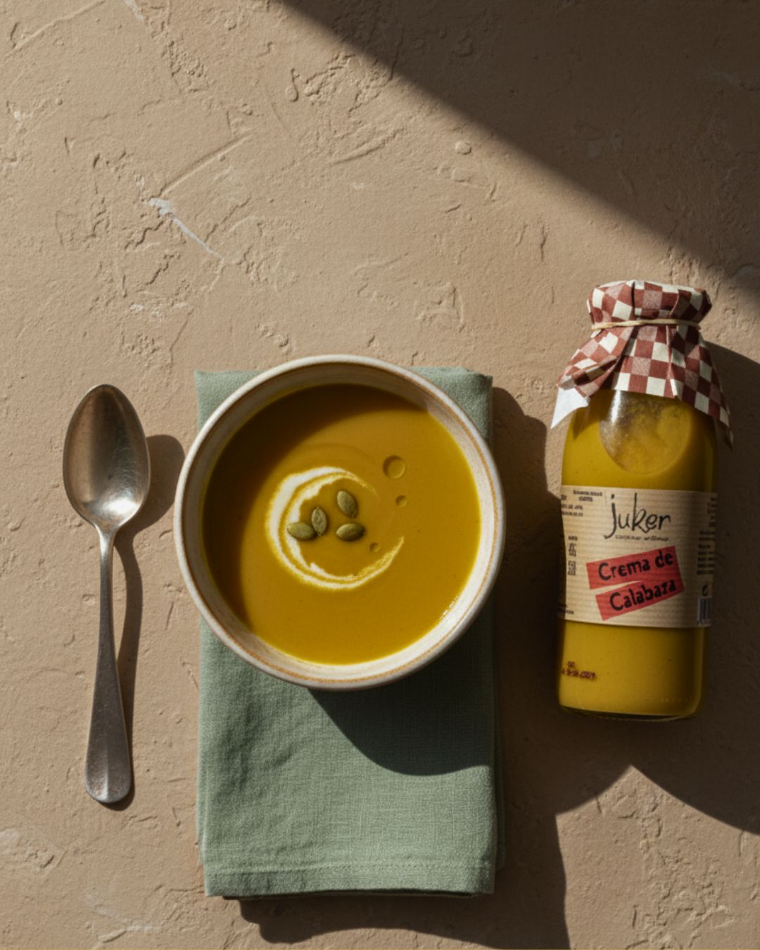 Bouteille de crème de potiron avec bol et cuillère