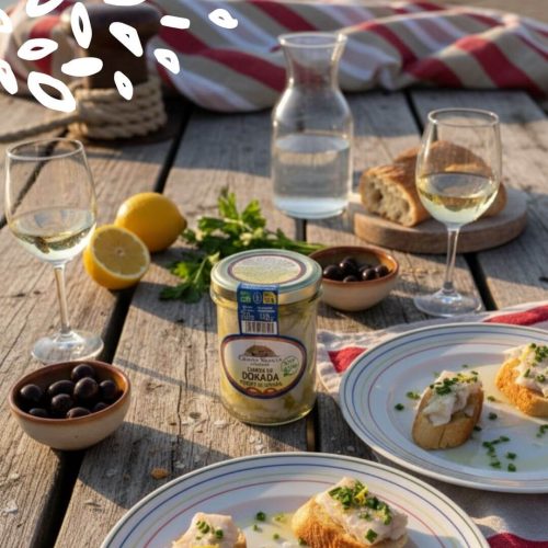 Tartines de dorade Costa Vasca avec olives, pain et vin blanc en extérieur