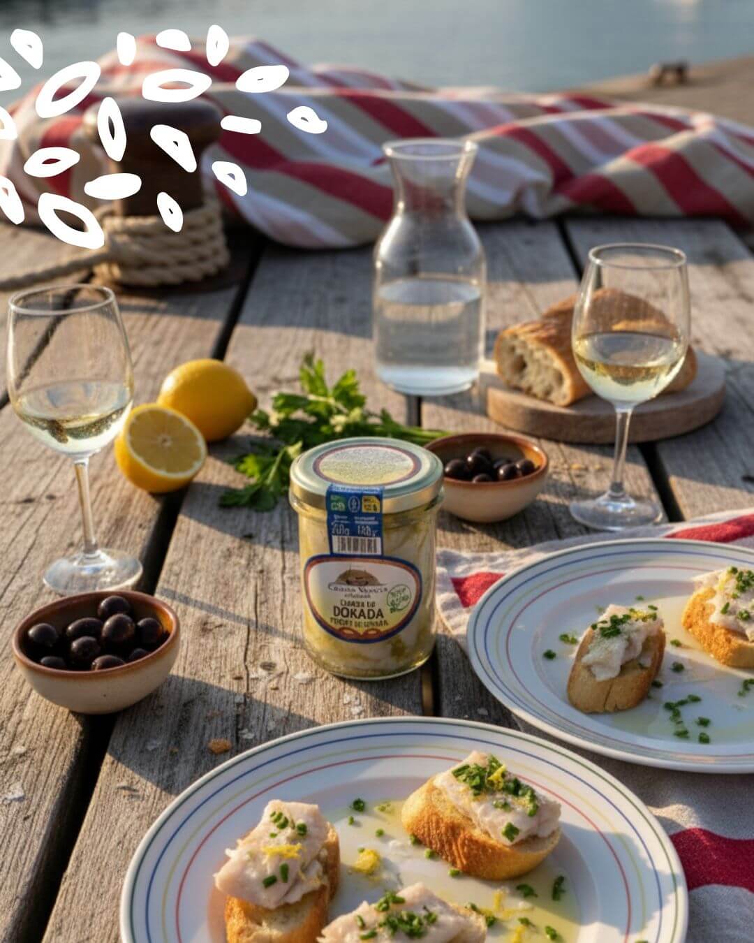 Tartines de dorade Costa Vasca avec olives, pain et vin blanc en extérieur