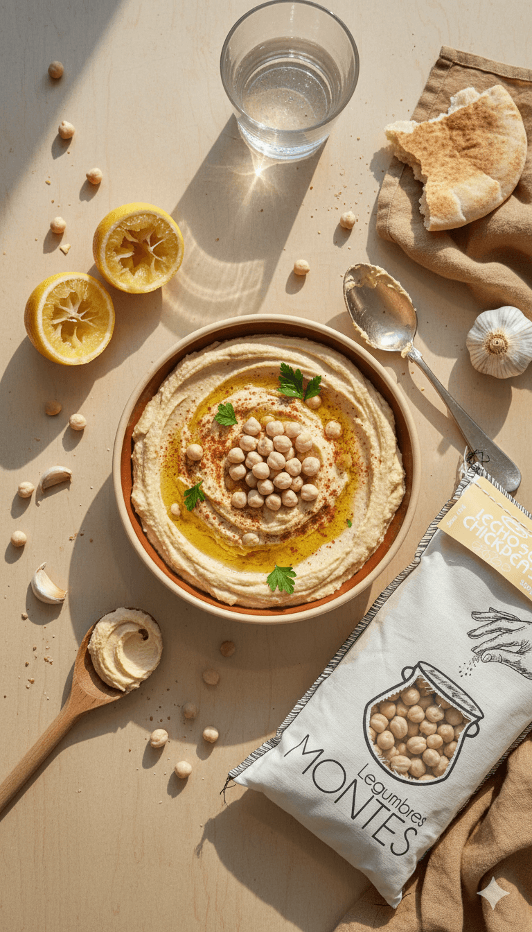 Bol de houmous garni de pois chiches et huile d’olive, entouré de citron, ail et pain pita.