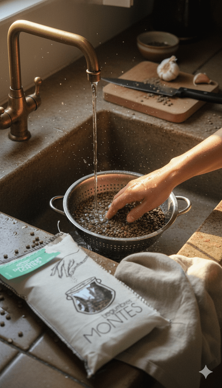 Main lavant des lentilles sous l’eau dans une passoire en cuisine rustique.