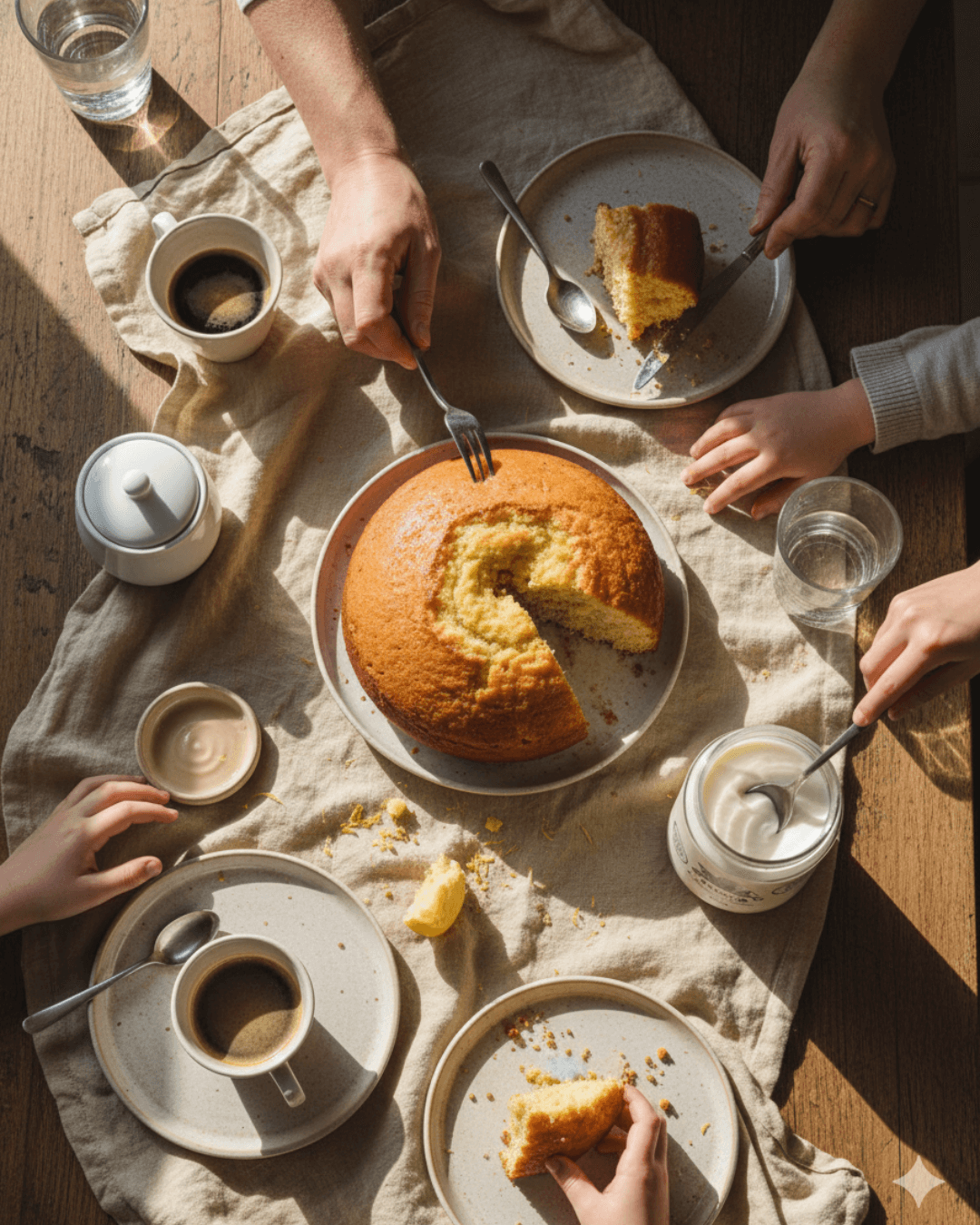 Gâteau bizcocho doré avec pot de yaourt Granja Noé posé sur la table