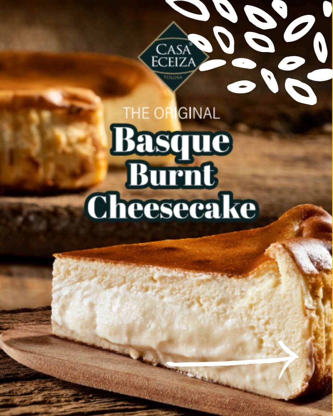 Gros plan sur la Tarta de Queso Casa Eceiza avec logo de la marque