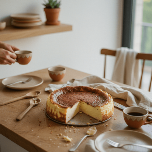 Tarta de Queso sur une table en bois, prête à être dégustée avec un café