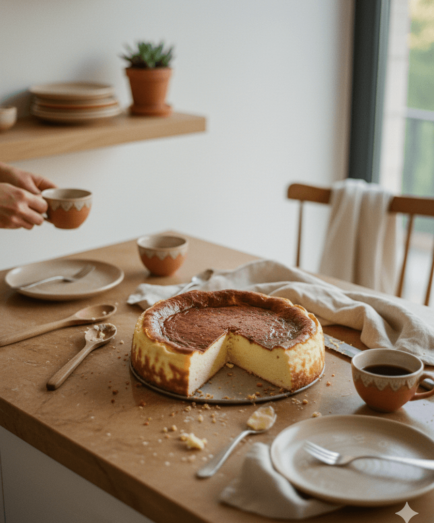 Tarta de Queso sur une table en bois, prête à être dégustée avec un café