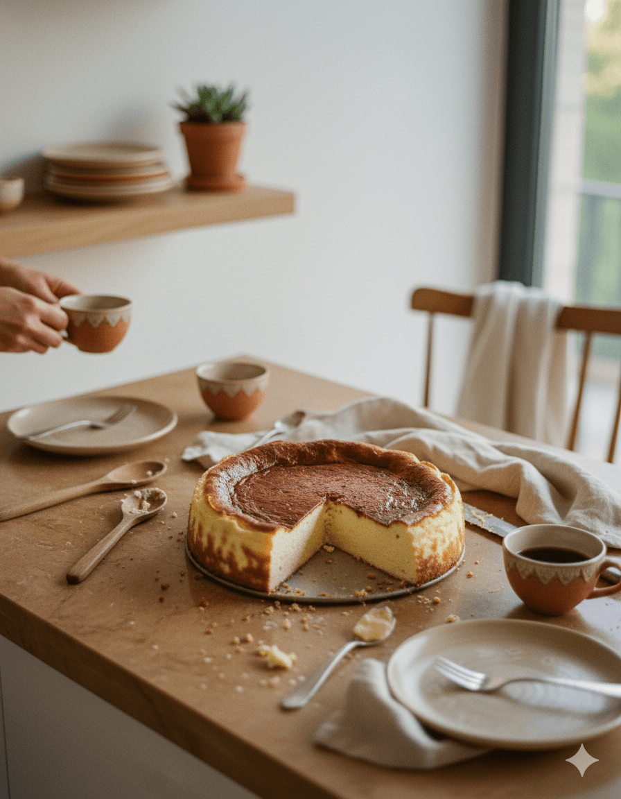 Tarta de Queso sur une table en bois, prête à être dégustée avec un café