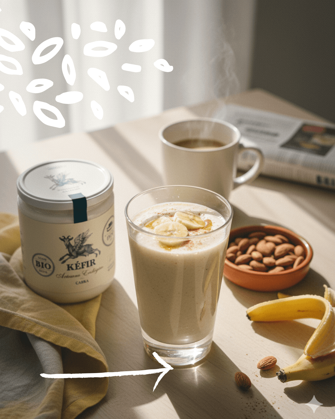 Verre de smoothie banane-kéfir avec pot Granja Noé et café sur une table ensoleillée