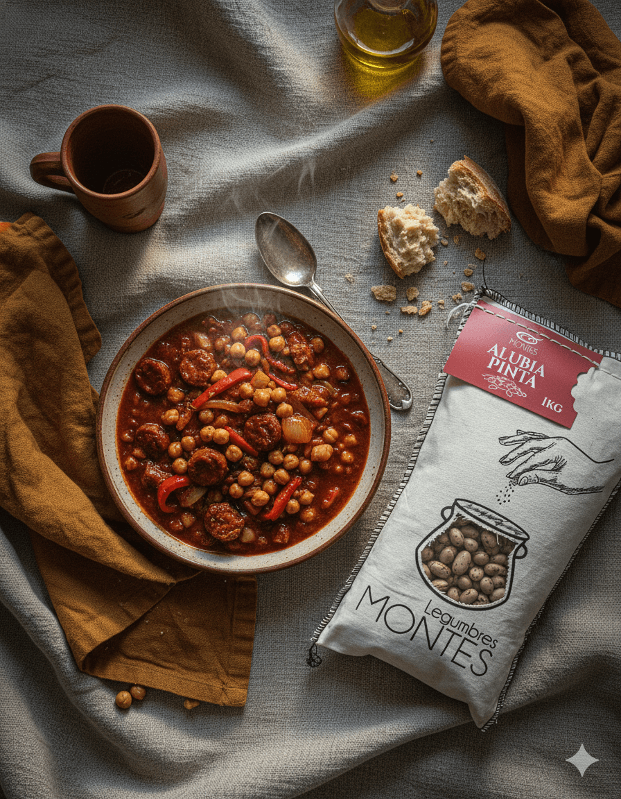 Bol fumant de ragoût à base de haricots et chorizo, avec pain rustique et huile d’olive.