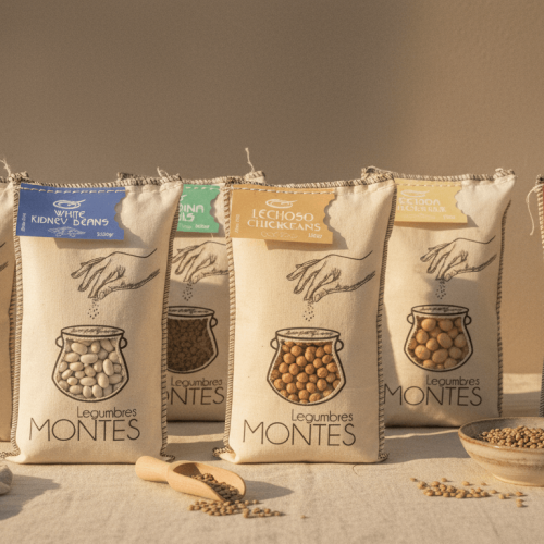Gamme complète de légumineuses Montes alignées en sacs tissu, en lumière dorée.