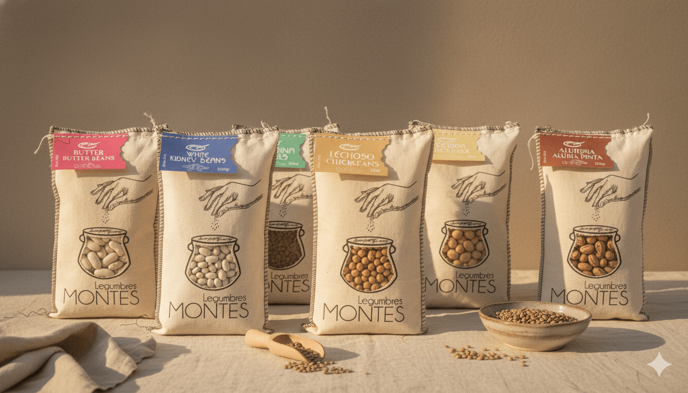 Gamme complète de légumineuses Montes alignées en sacs tissu, en lumière dorée.