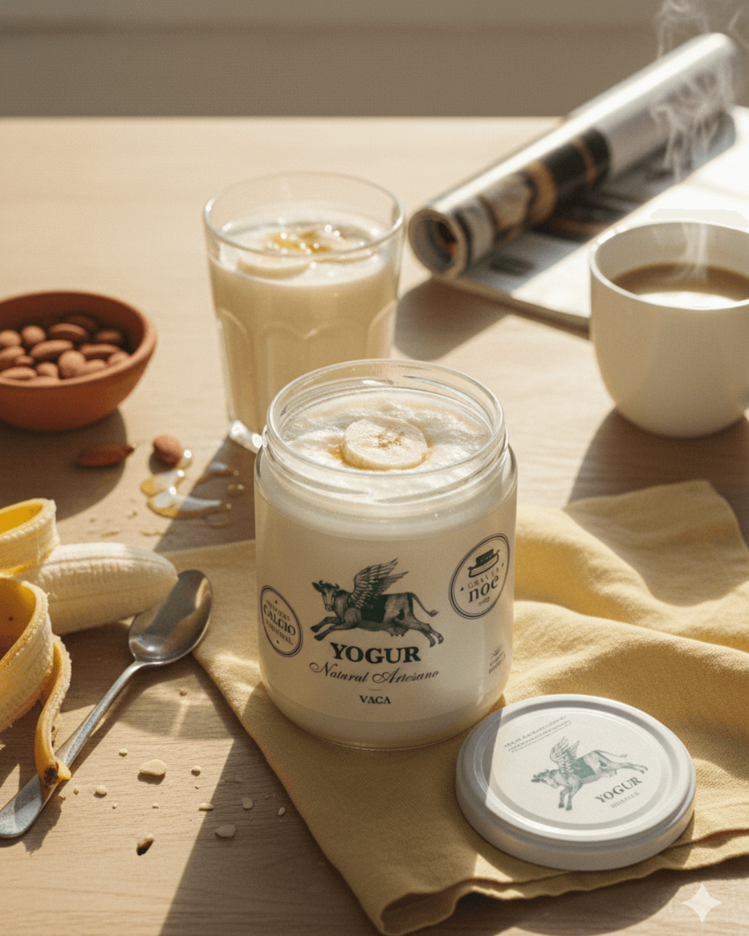 Smoothie banane avec pot de yaourt Granja Noé et café chaud en arrière-plan