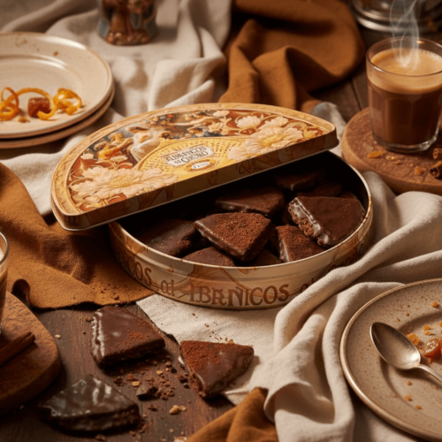 Boîte d’abanicos au cacao ouverte sur une table rustique