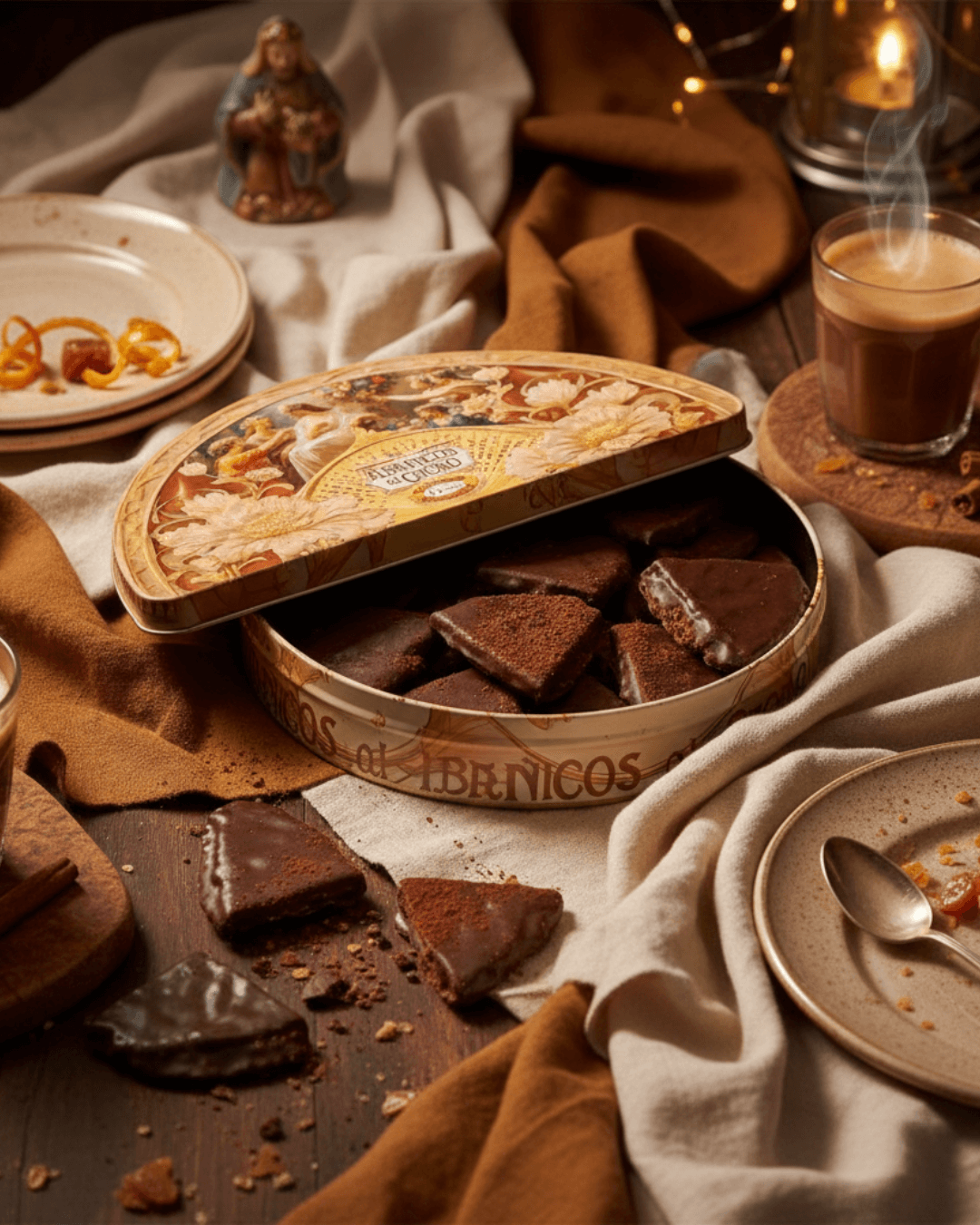 Boîte d’abanicos au cacao ouverte sur une table rustique