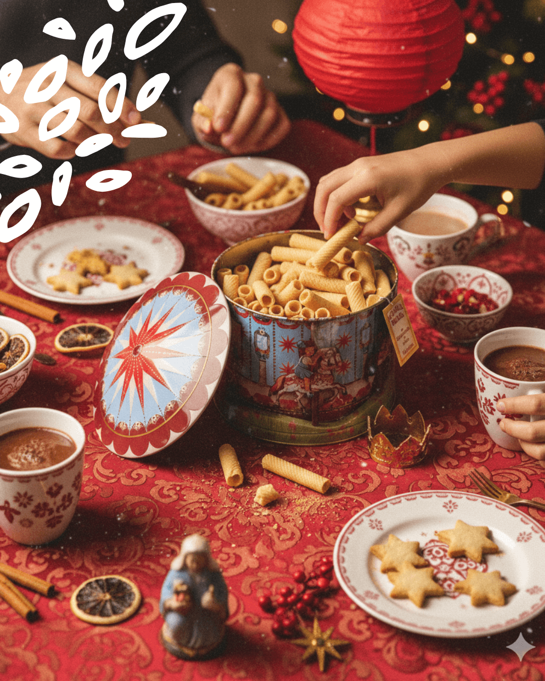 Boîte vintage de biscuits barquillos sur une table de Noël
