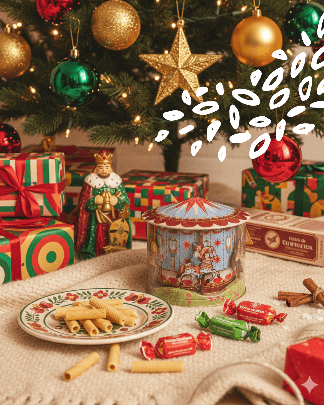 Boîte de biscuits barquillos parmi les cadeaux de Noël