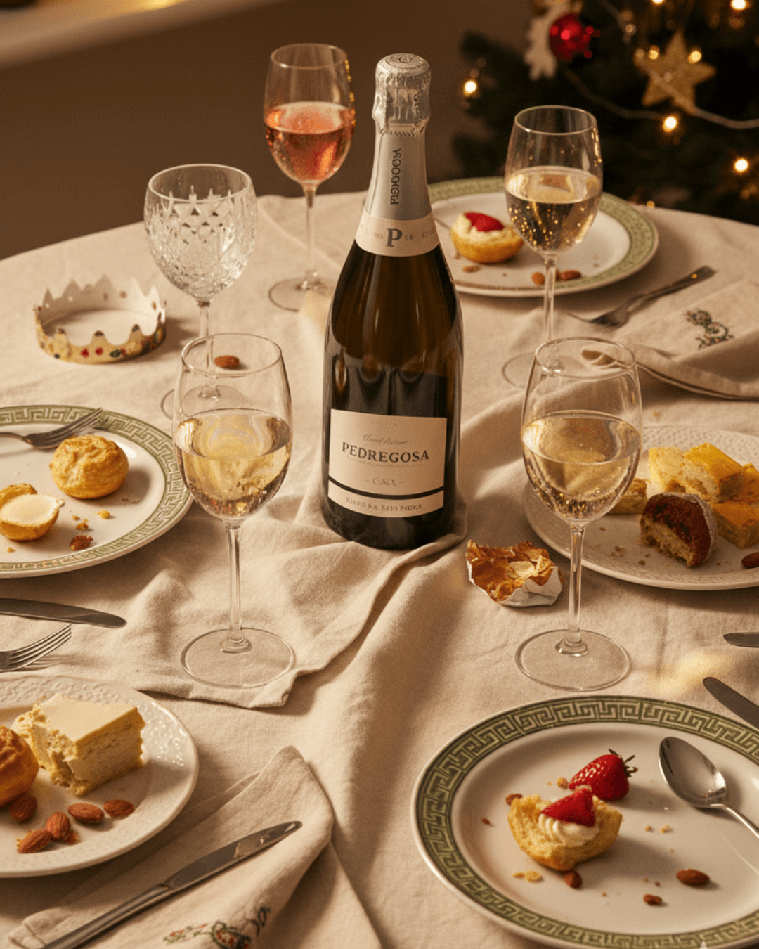 Cava Pedregosa Blanc de Millénaire servi à table avec pâtisseries et fruits secs.