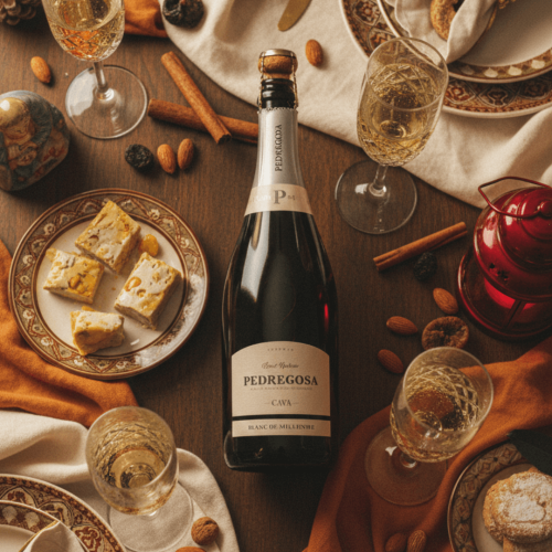 Flûtes de cava Pedregosa autour d’une table festive décorée.