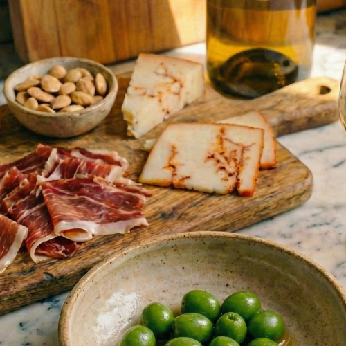 Olives vertes dans un bol, accompagnées de fromage, jambon ibérique, amandes et vin blanc.
