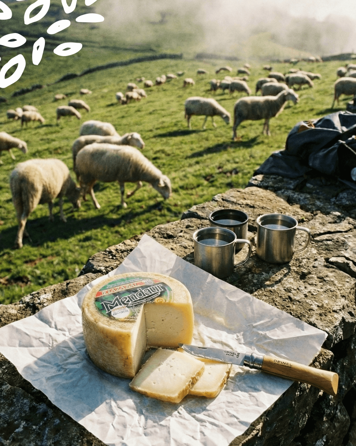 Fromage Idiazabal entier et tranché, posé sur une planche rustique