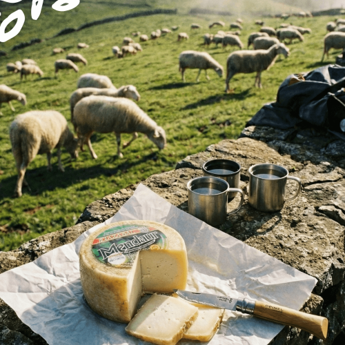 Fromage Idiazabal entier et tranché, posé sur une planche rustique