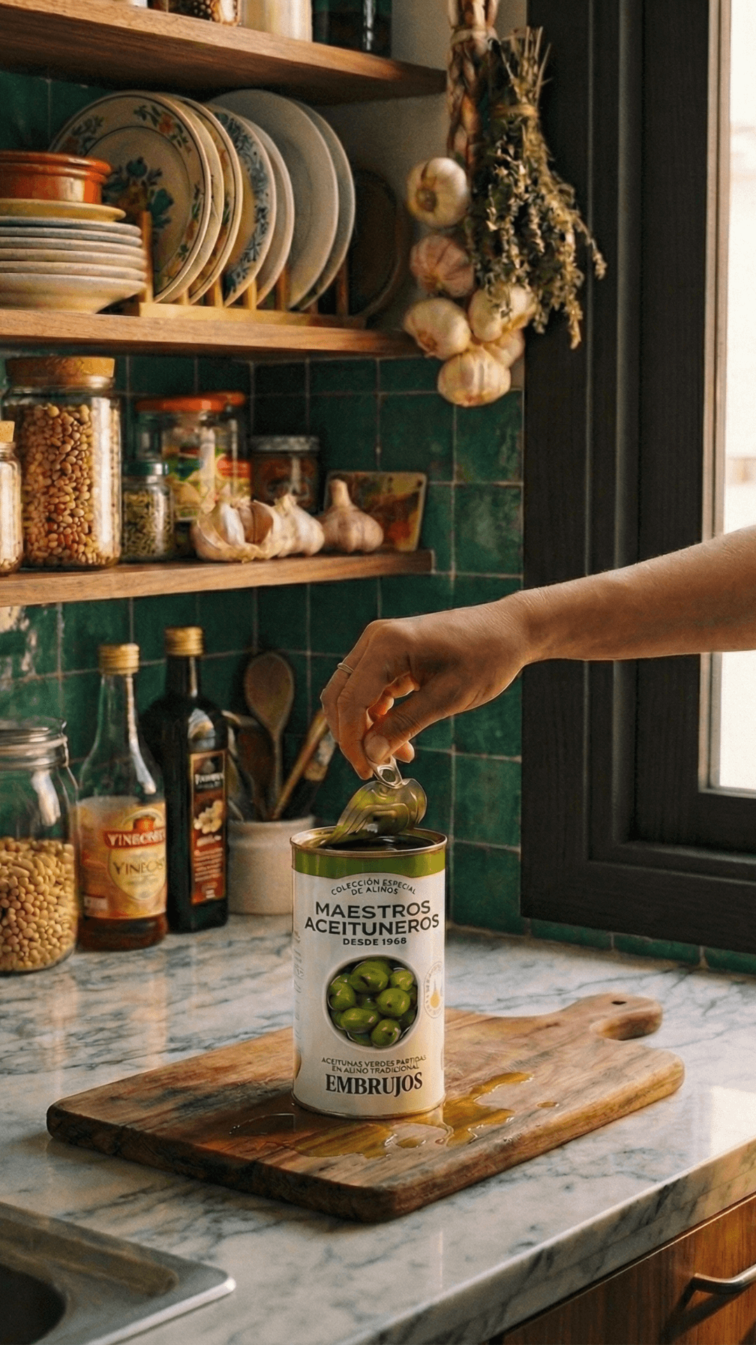 Gros plan sur une boîte ouverte d’olives Maestros Aceituneros posée sur une planche en bois.