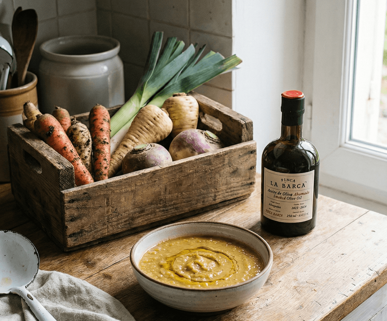 Huile d’olive fumée Finca La Barca en cuisine près d’une fenêtre