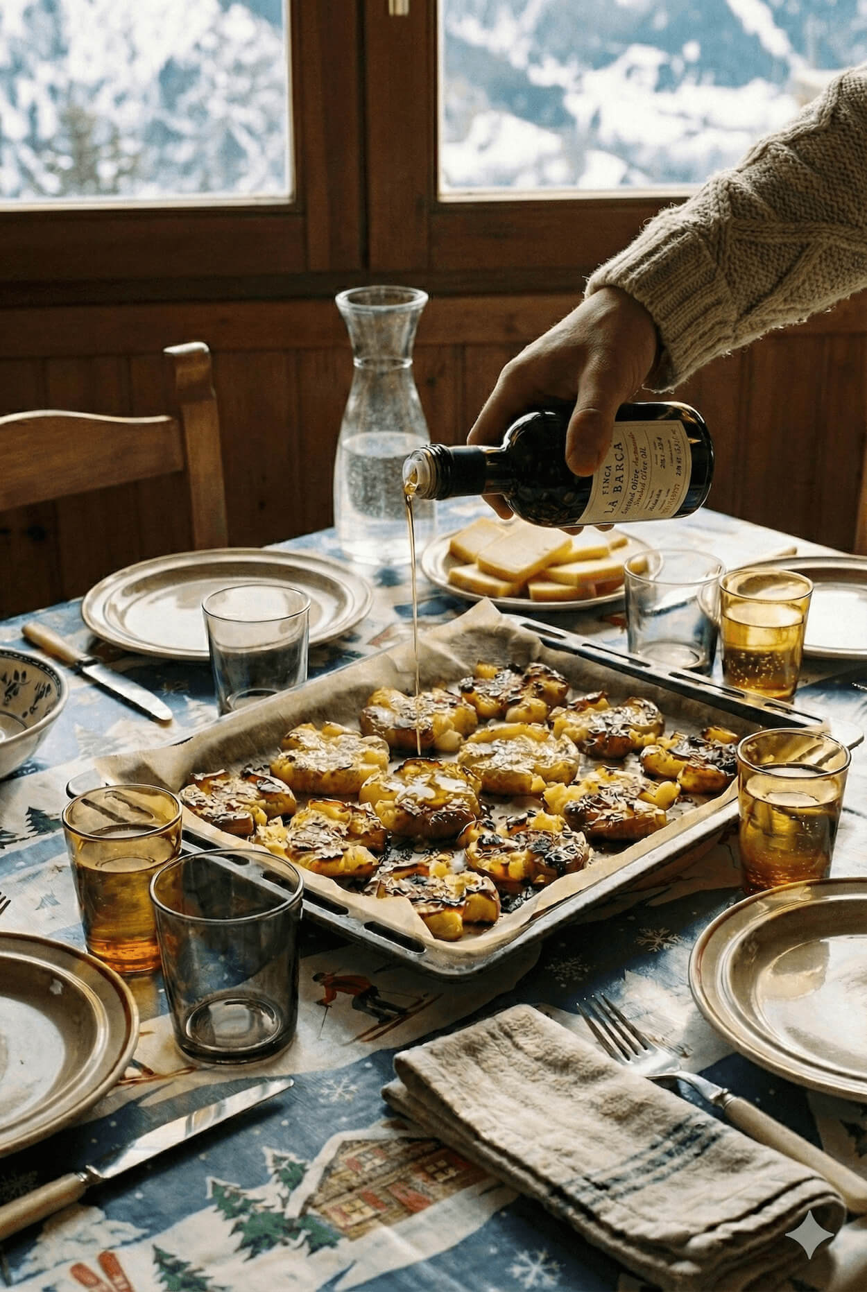Filet d’huile d’olive fumée versé sur pommes de terre rôties