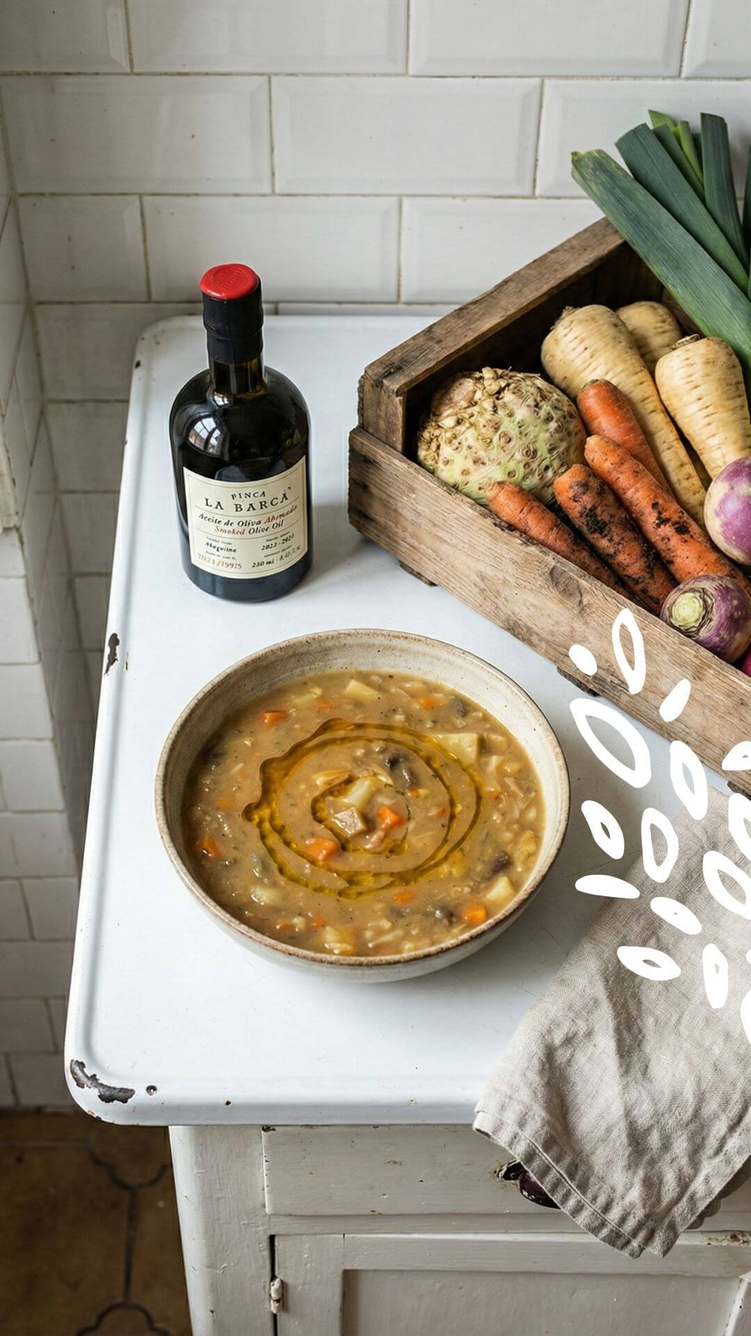 Huile d’olive fumée Finca La Barca versée sur une soupe de légumes d’hiver