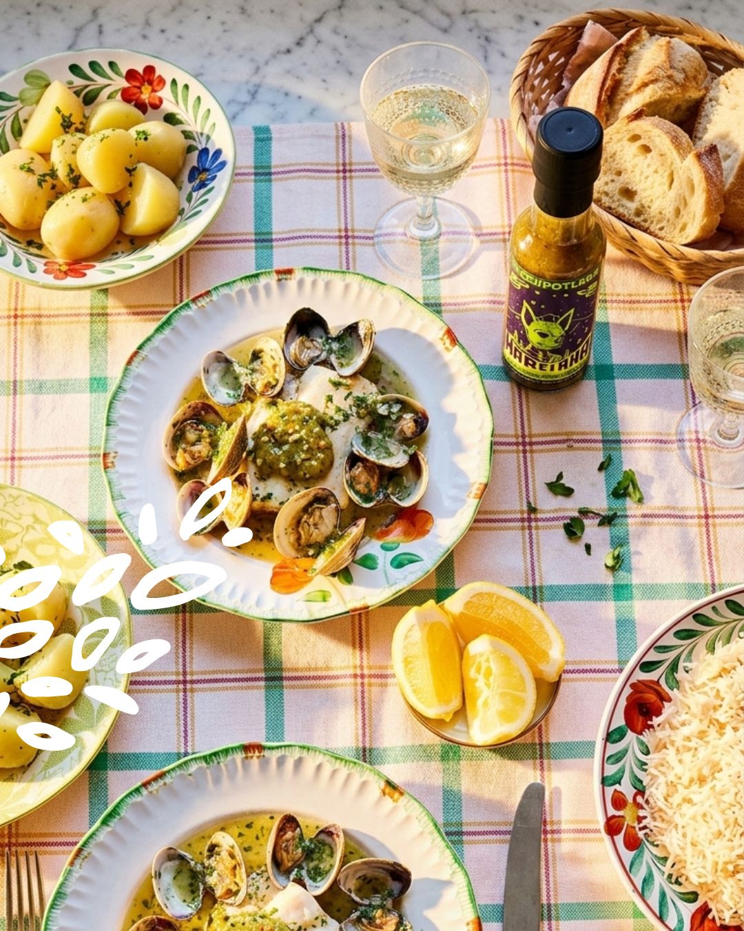 Bouteille de sauce bio Marciana La Chipotlera sur une table avec coquillages, poisson, pommes de terre, pain et riz