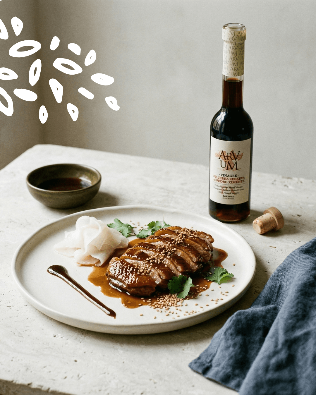 Magret de canard nappé de sauce avec vinaigre Arvum Pedro Ximénez