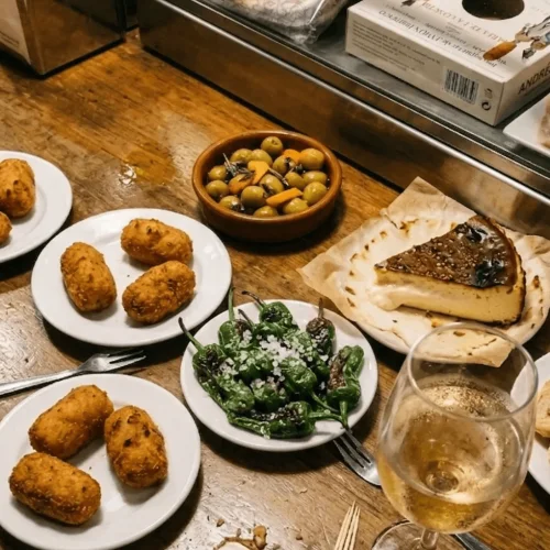 Assortiment de tapas Cofrit sur comptoir avec croquetas, pimientos, cheesecake basque et olives