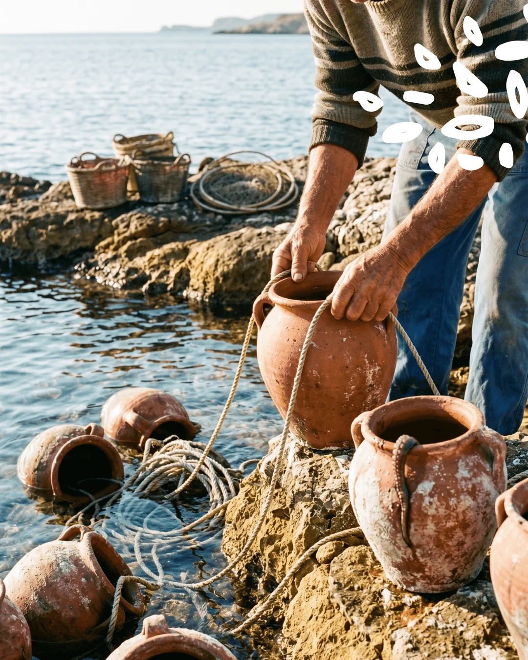 Pêcheur galicien manipulant des gargoulettes en argile sur les côtes rocheuses des Rías Baixas pour la pêche artisanale du poulpe