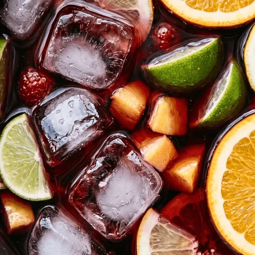 Agrumes frais, fruits et glaçons dans une sangria artisanale espagnole La Sueca.