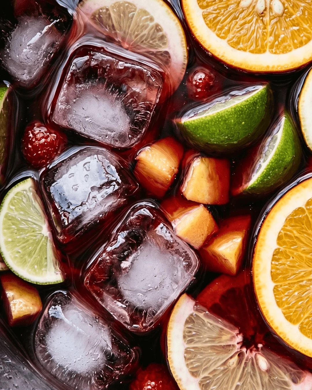 Agrumes frais, fruits et glaçons dans une sangria artisanale espagnole La Sueca.