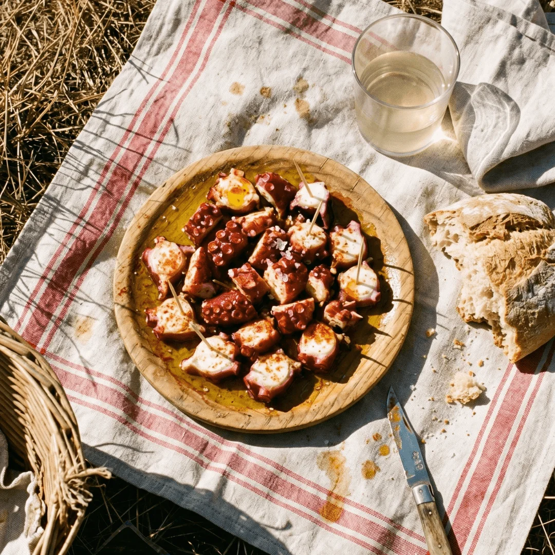 Assiette traditionnelle de pulpo a la gallega avec huile d’olive, pimentón fumé et fleur de sel