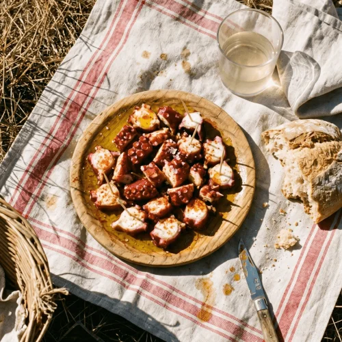 Assiette traditionnelle de pulpo a la gallega avec huile d’olive, pimentón fumé et fleur de sel