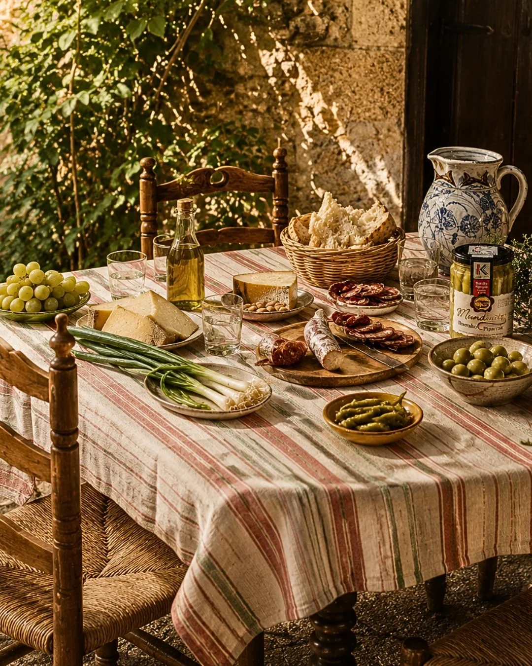 Bocal de piments d'Ibarra Munduate avec olives vertes, pain, fromage et charcuterie basque sur une table d'apéritif.