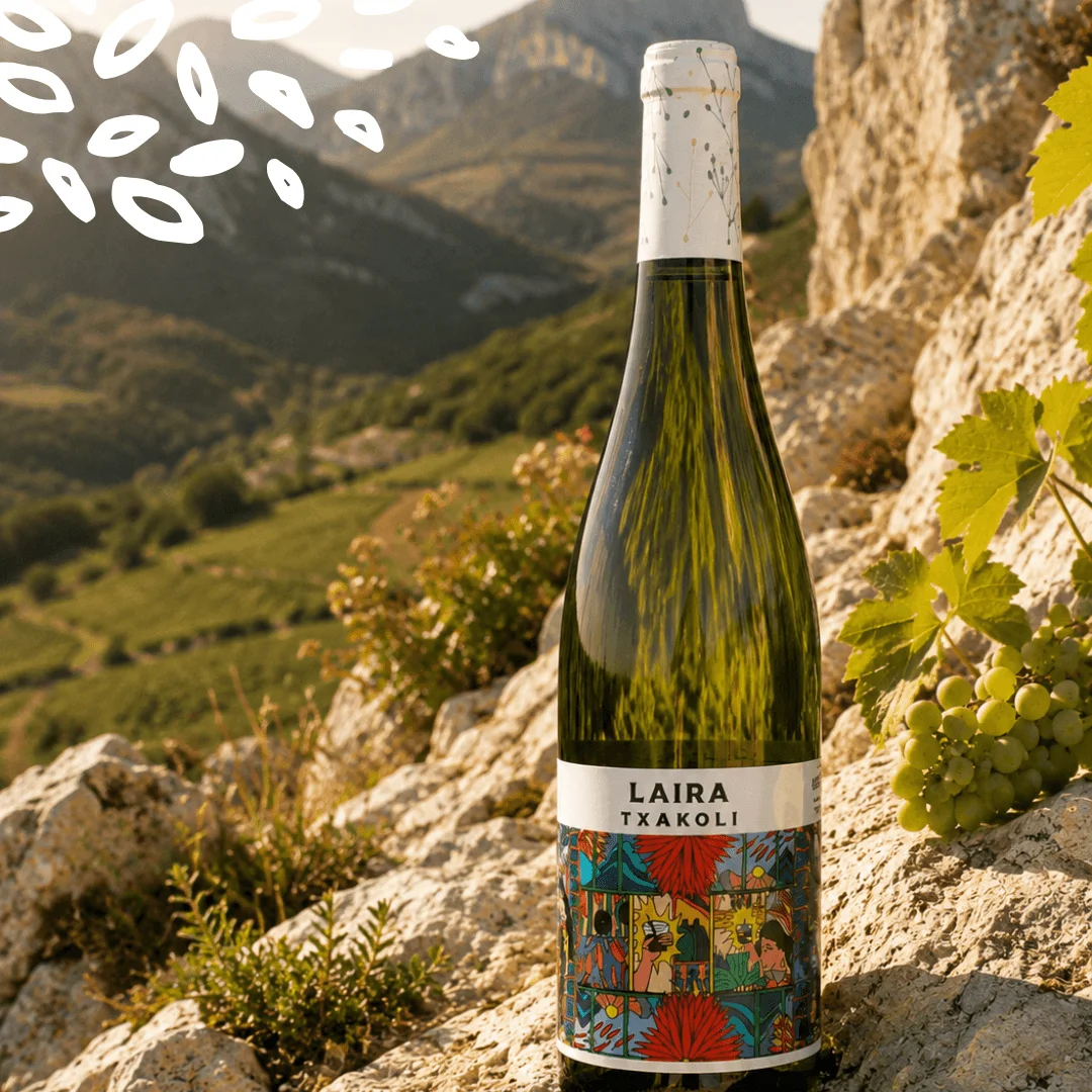 Bouteille de Laira Txakoli d'Artomaña dans les vignobles d'altitude de la DO Arabako Txakolina au Pays basque espagnol.