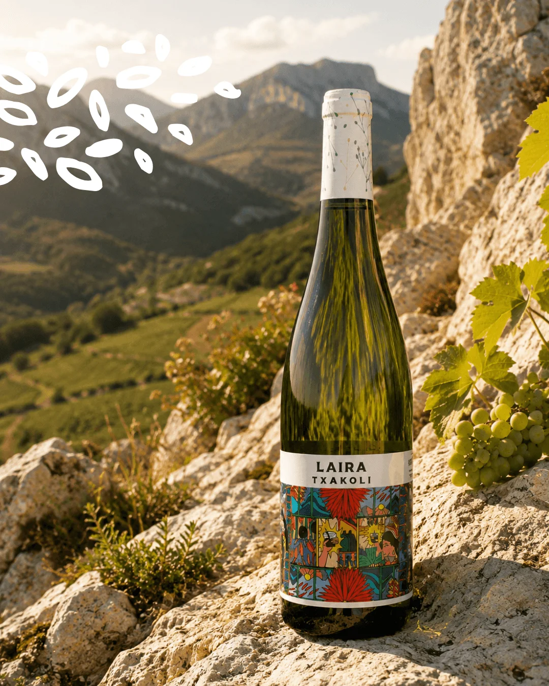Bouteille de Laira Txakoli d'Artomaña dans les vignobles d'altitude de la DO Arabako Txakolina au Pays basque espagnol.