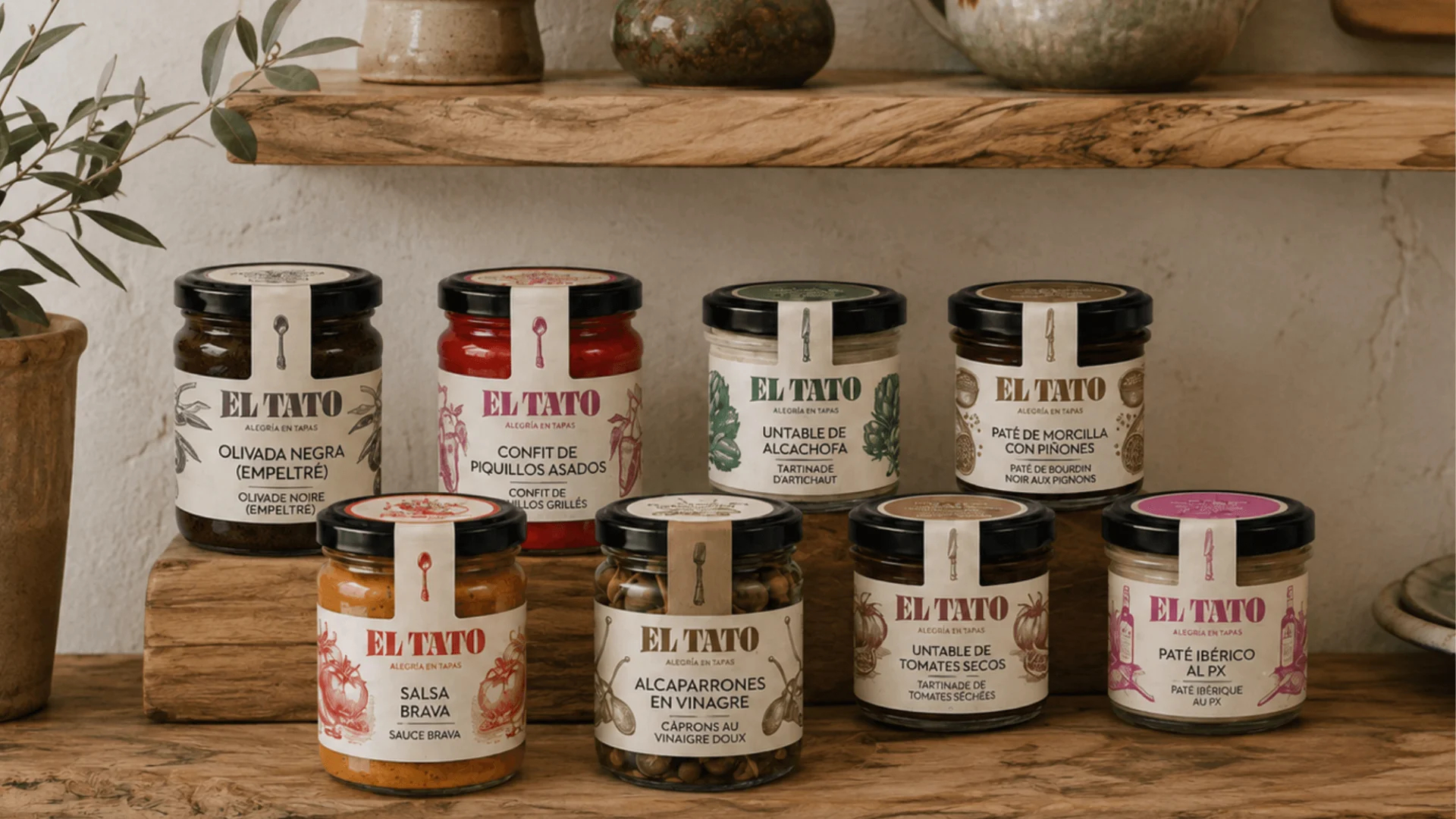 Huit bocaux de la gamme El Tato (olivade, confit de piquillos, tartinable d'artichaut, paté de morcilla, salsa brava, alcaparrones, tartinable de tomates séchées, paté ibérique au PX) disposés sur une étagère en bois, entourés de céramiques et d'une branche d'olivier