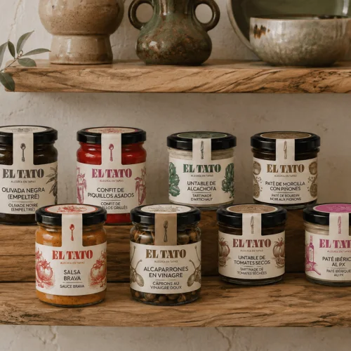 Huit bocaux de la gamme El Tato (olivade, confit de piquillos, tartinable d'artichaut, paté de morcilla, salsa brava, alcaparrones, tartinable de tomates séchées, paté ibérique au PX) disposés sur une étagère en bois, entourés de céramiques et d'une branche d'olivier